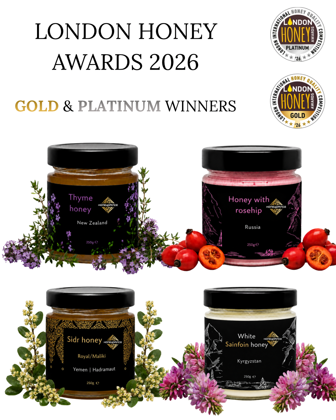 London honey award winners bundle: Sidr Hadramaut, Thyme New Zealand, White Kyrgyzstan, Pink Siberian rosehip