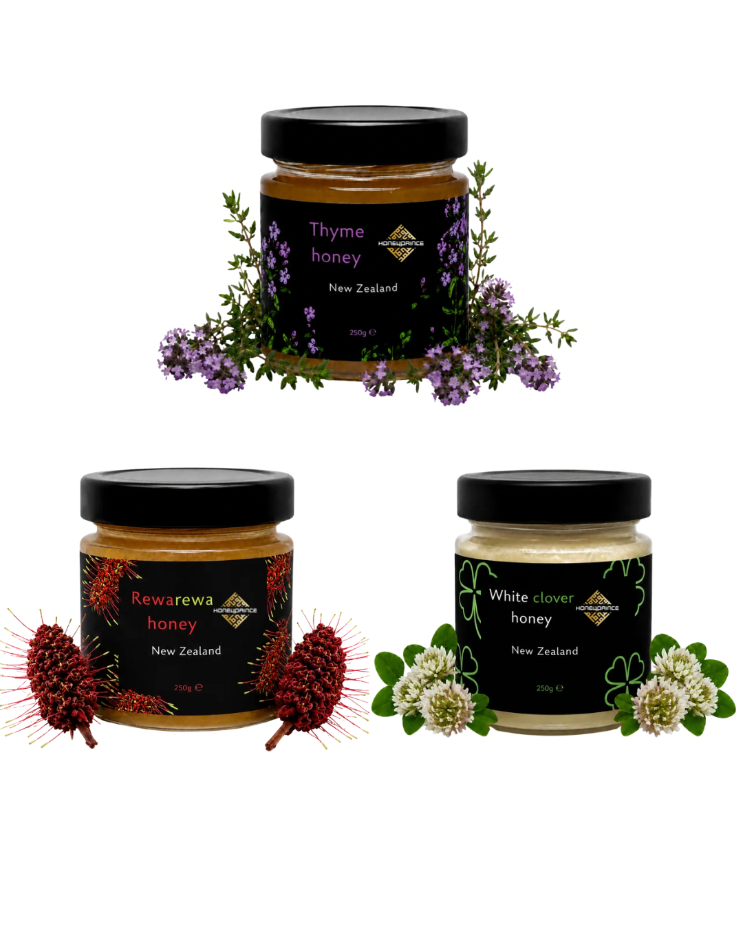New Zealand honey bundle: Thyme, Rewarewa, Clover honey